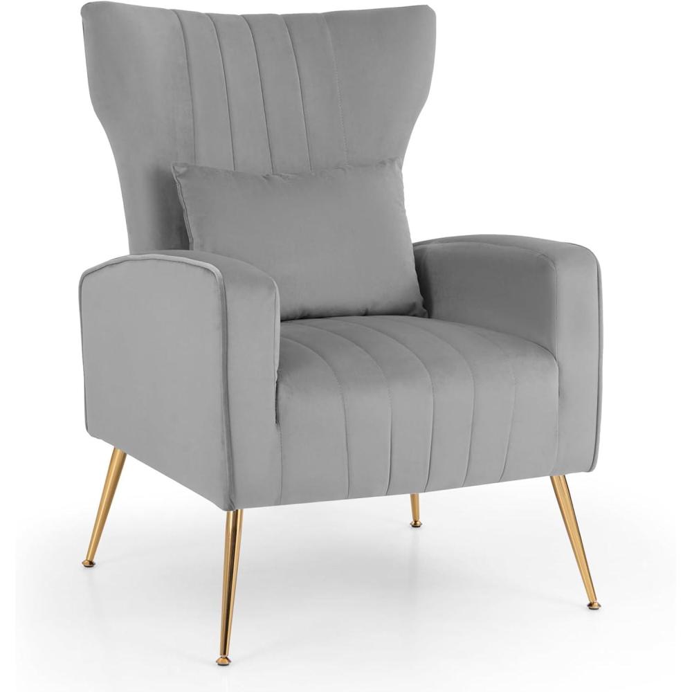 image:imageGiantex Velvet Accent Chair with Lumbar Pillow Upholstered Tufted Wingback Arm Chair wGolden Metal Legs Mid Century Modern Single Sofa Chair for Living Room Bedroom Max Load 400 LBS PinkGrey