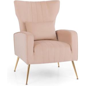 Giantex Velvet Accent Chair with Lumbar Pillow, Upholstered Tufted Wingback Arm Chair w/Golden Metal Legs, Mid Century Modern Single Sofa Chair for Living Room Bedroom, Max Load 400 LBS, Pink(Pink)