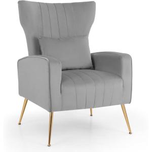 Giantex Velvet Accent Chair with Lumbar Pillow, Upholstered Tufted Wingback Arm Chair w/Golden Metal Legs, Mid Century Modern Single Sofa Chair for Living Room Bedroom, Max Load 400 LBS, Pink(Grey)