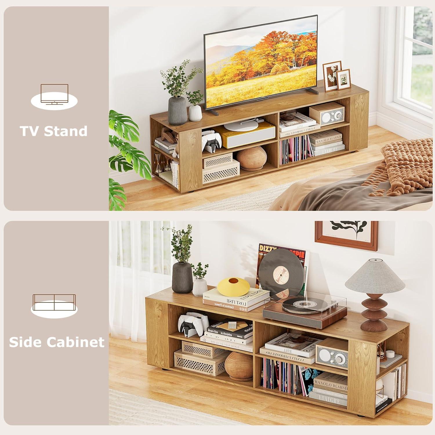 image:imageGianetx Modern TV Stand for TVs up to 65 Inch Wooden Entertainment Center w 4 Storage Cubbies Side Shelves w 5 Raised Feet Media TV Console Table for Living Room NaturalNatural