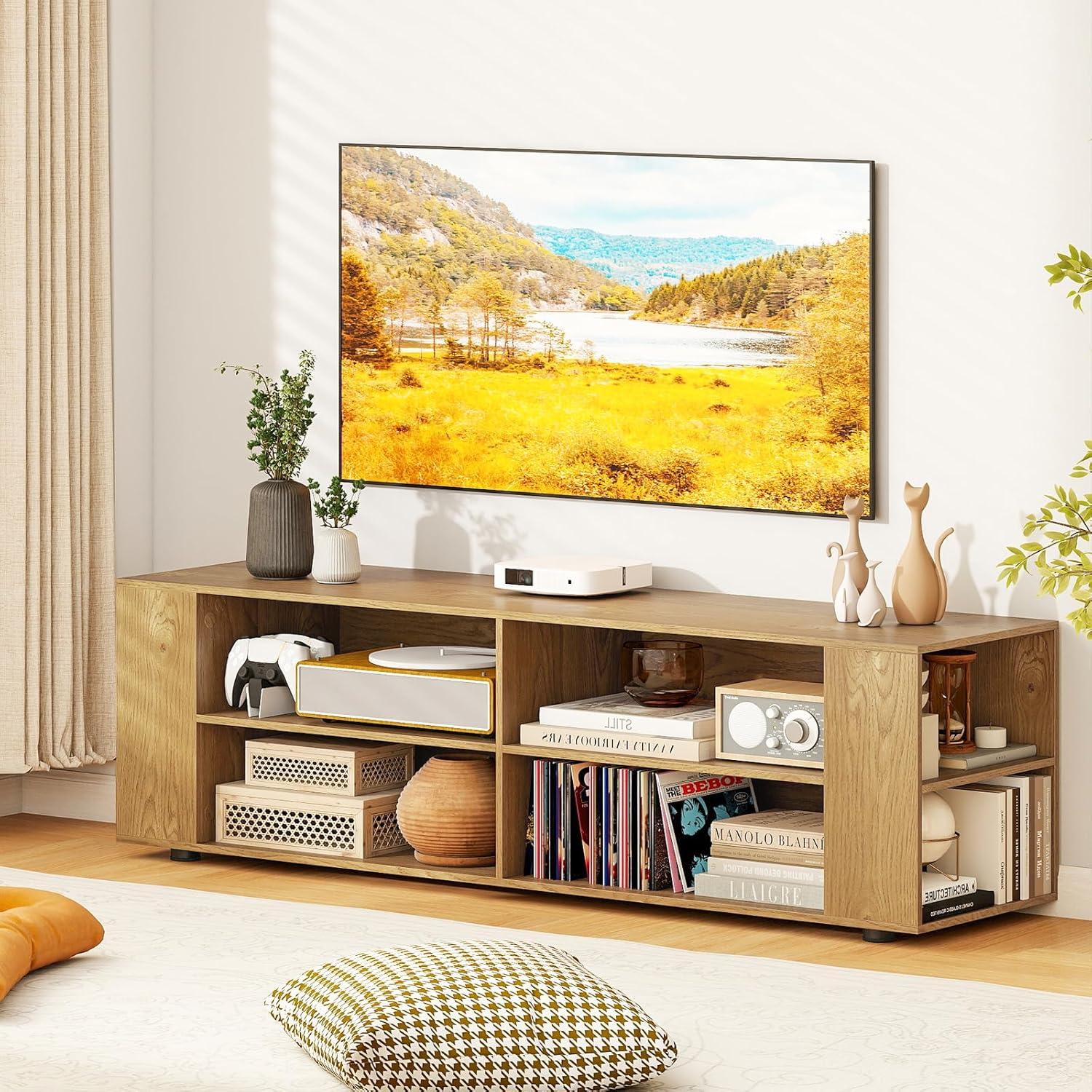 image:imageGianetx Modern TV Stand for TVs up to 65 Inch Wooden Entertainment Center w 4 Storage Cubbies Side Shelves w 5 Raised Feet Media TV Console Table for Living Room NaturalNatural