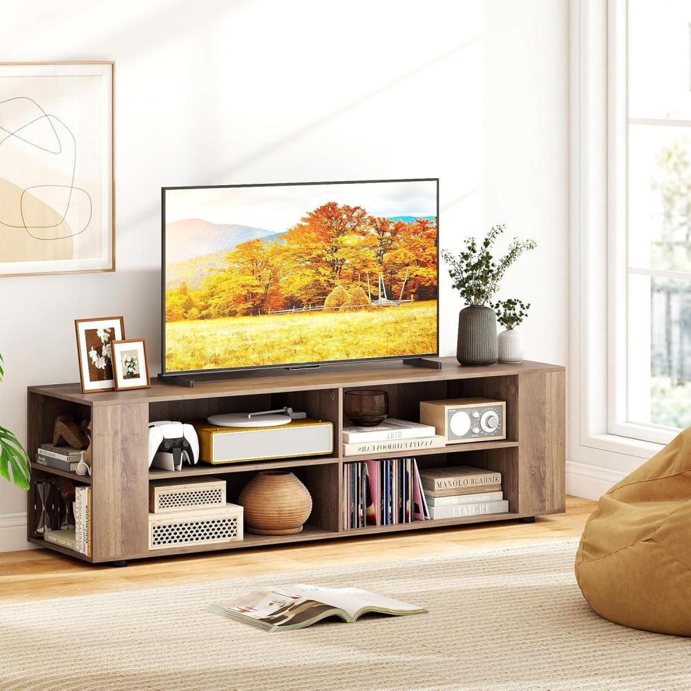 image:imageGianetx Modern TV Stand for TVs up to 65 Inch Wooden Entertainment Center w 4 Storage Cubbies Side Shelves w 5 Raised Feet Media TV Console Table for Living Room NaturalOak