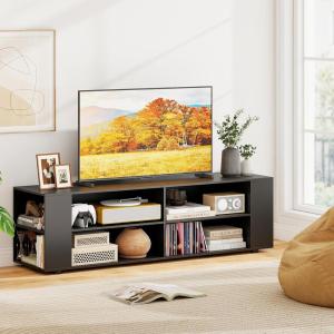 Gianetx Modern TV Stand for TVs up to 65 Inch, Wooden Entertainment Center w/ 4 Storage Cubbies, Side Shelves w/ 5 Raised Feet, Media TV Console Table for Living Room, Natural(Black)
