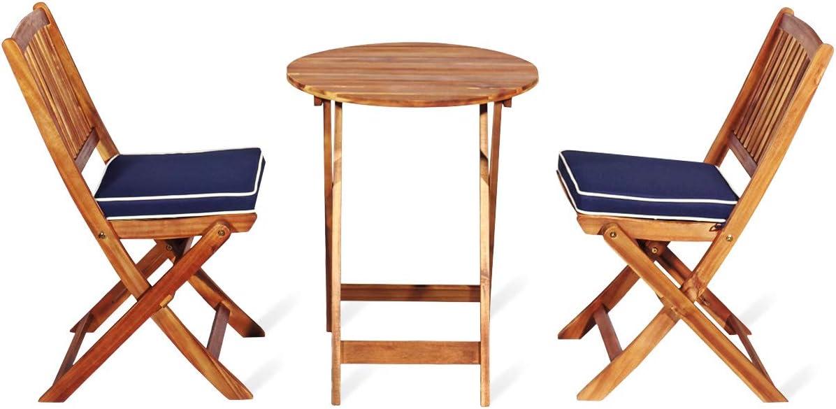 image:imageGiantex 3Pcs Patio Bistro Set Wood Folding Table Set 2 Cushioned Chairs for Garden Yard Outdoor Furniture Round Table Natural amp Navy BlueNatural Navy Blue