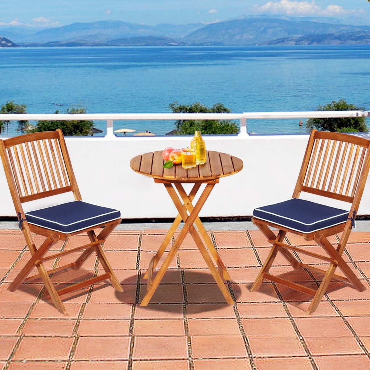 image:imageGiantex 3Pcs Patio Bistro Set Wood Folding Table Set 2 Cushioned Chairs for Garden Yard Outdoor Furniture Round Table Natural amp Navy BlueNatural Navy Blue