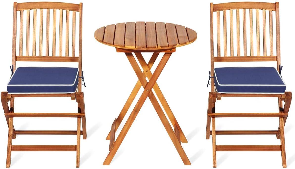 image:imageGiantex 3Pcs Patio Bistro Set Wood Folding Table Set 2 Cushioned Chairs for Garden Yard Outdoor Furniture Round Table Natural amp Navy BlueNatural Navy Blue