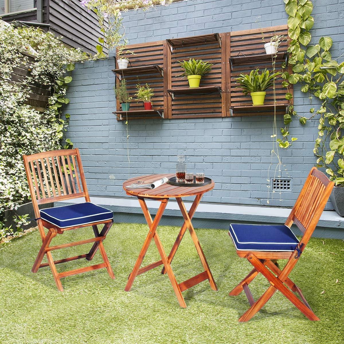 image:imageGiantex 3Pcs Patio Bistro Set Wood Folding Table Set 2 Cushioned Chairs for Garden Yard Outdoor Furniture Round Table Natural amp Navy BlueNatural Navy Blue