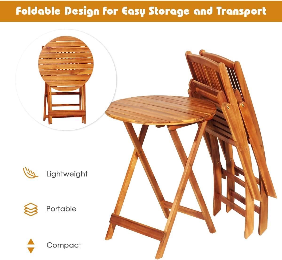 image:imageGiantex 3Pcs Patio Bistro Set Wood Folding Table Set 2 Cushioned Chairs for Garden Yard Outdoor Furniture Round Table Natural amp Navy BlueNatural Red
