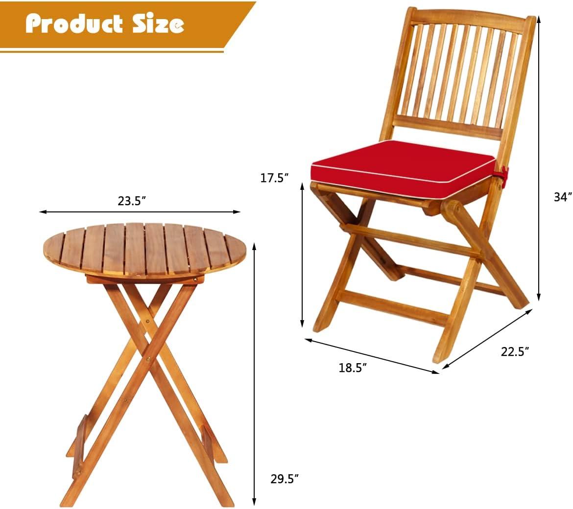 image:imageGiantex 3Pcs Patio Bistro Set Wood Folding Table Set 2 Cushioned Chairs for Garden Yard Outdoor Furniture Round Table Natural amp Navy BlueNatural Red