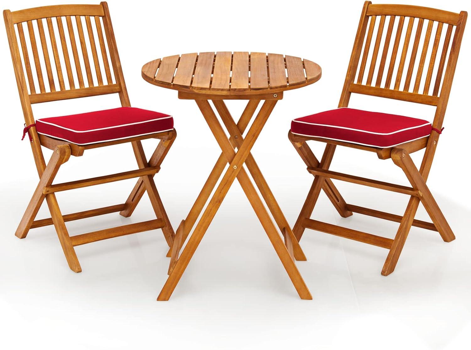 image:imageGiantex 3Pcs Patio Bistro Set Wood Folding Table Set 2 Cushioned Chairs for Garden Yard Outdoor Furniture Round Table Natural amp Navy BlueNatural Red