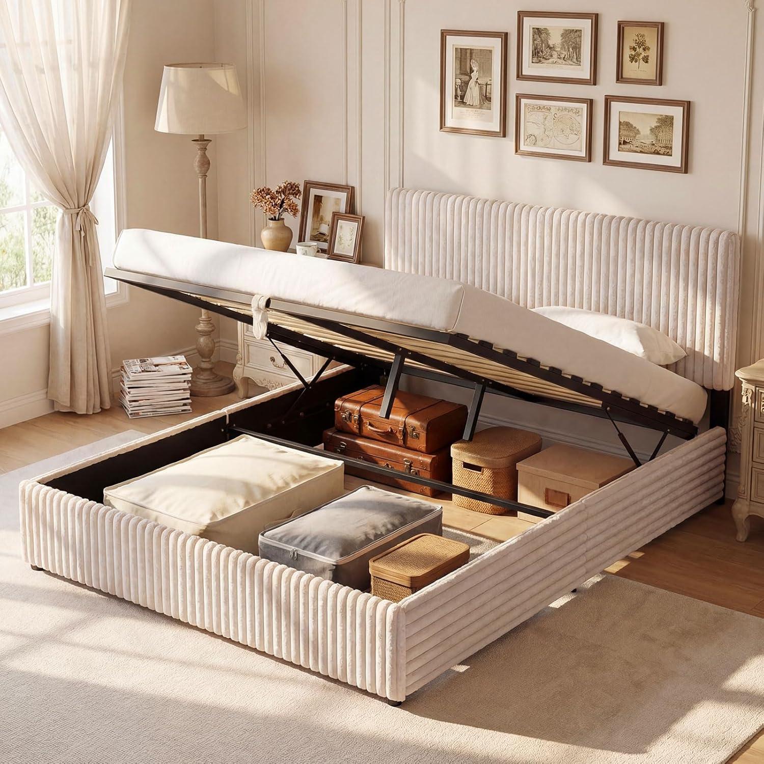 image:imageGiantex Queen Size Lift Up Storage Bed Modern Corduroy Upholstered Platform wWingback Headboard Hydraulic Support Queen Bed Frame with Storage No Box Spring Needed BeigeBeige