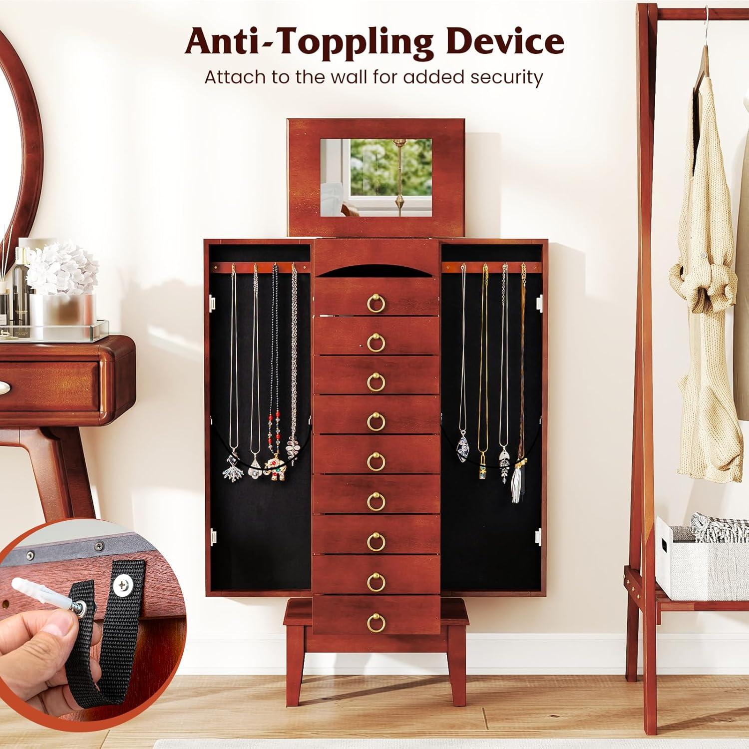 image:imageGiantex Standing Jewelry Cabinet with 9 Drawers Flip Top Mirror 2 Side Doors with Necklace Hooks Top Divided Tray with Ring Slots VelvetLined Jewelry Armoire Organizer Storage Chest Cherry