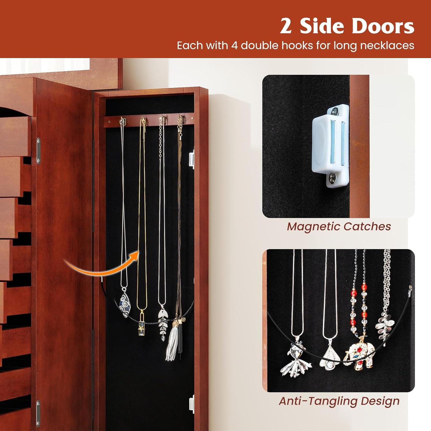 image:imageGiantex Standing Jewelry Cabinet with 9 Drawers Flip Top Mirror 2 Side Doors with Necklace Hooks Top Divided Tray with Ring Slots VelvetLined Jewelry Armoire Organizer Storage Chest Cherry