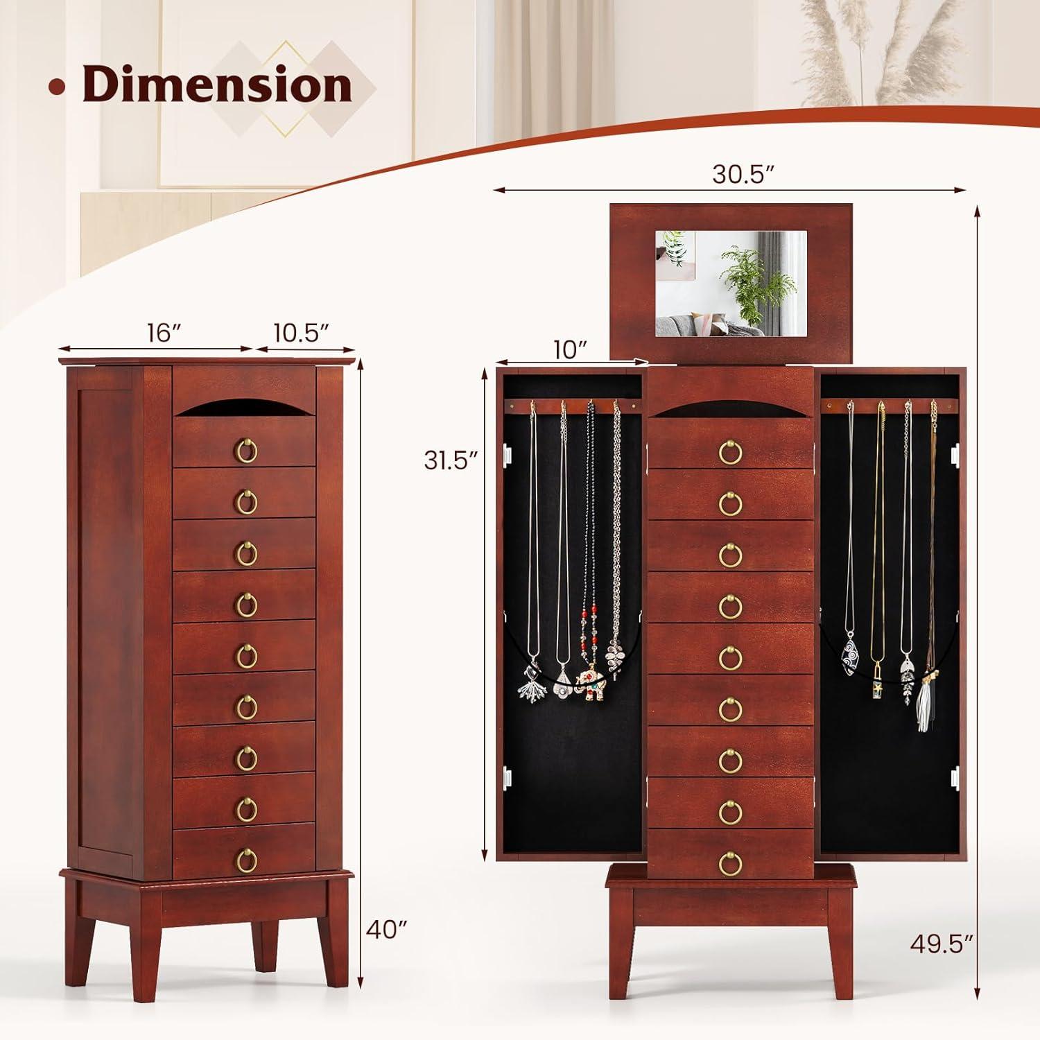 image:imageGiantex Standing Jewelry Cabinet with 9 Drawers Flip Top Mirror 2 Side Doors with Necklace Hooks Top Divided Tray with Ring Slots VelvetLined Jewelry Armoire Organizer Storage Chest Cherry