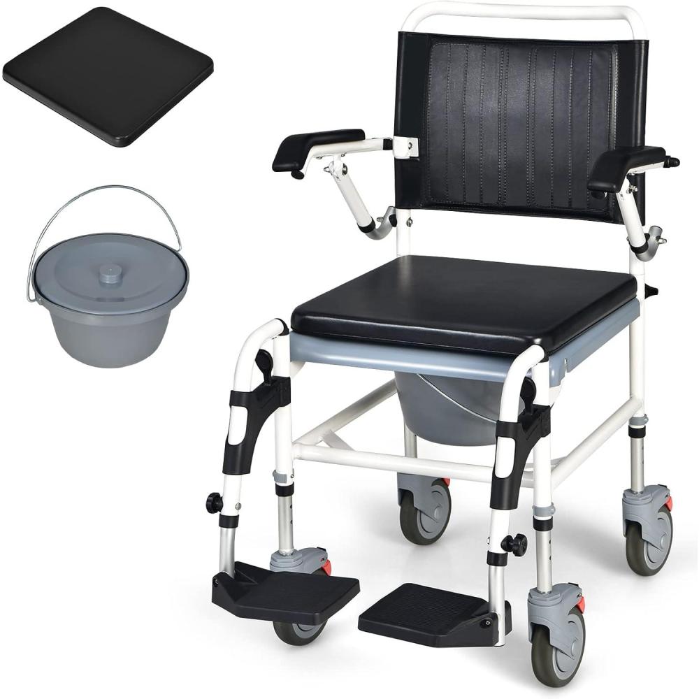 image:imageGiantex 4in1 Bedside Commode Shower Wheelchair Commode Chair for Toilet with Arms 4 Lockable Wheels Detachable Bucket Height Adjustable amp Flipup Footrest Padded Mobile Toilet Chair