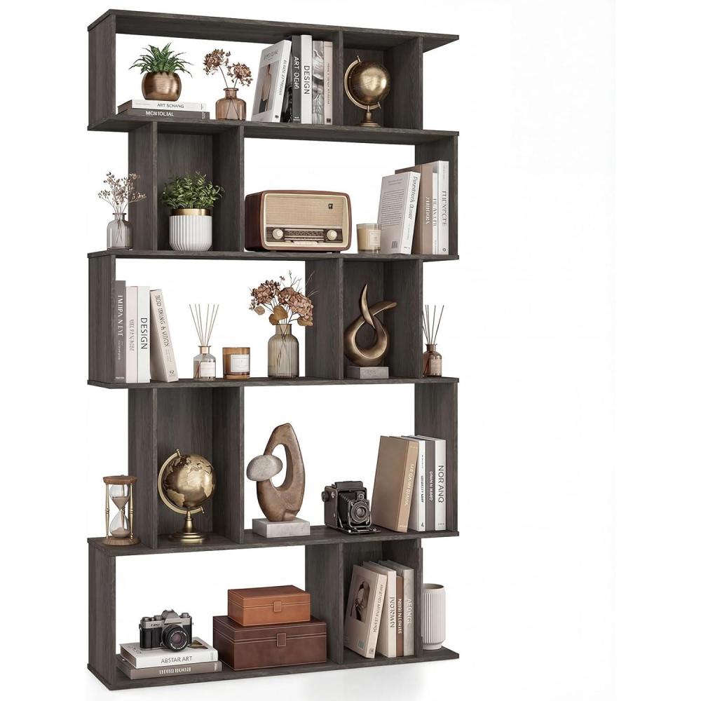image:imageGiantex 5Tier Bookshelf 10Cube Geometric Book Case with 5 ClosedBack Cubbies Antitoppling Kits Open Display Storage Shelf for Living Room Home Office Bedroom Rustic BrownGrey