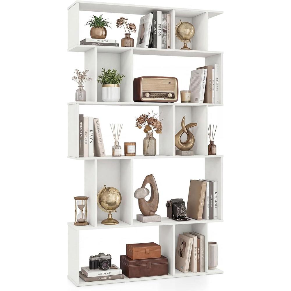 image:imageGiantex 5Tier Bookshelf 10Cube Geometric Book Case with 5 ClosedBack Cubbies Antitoppling Kits Open Display Storage Shelf for Living Room Home Office Bedroom Rustic BrownWhite
