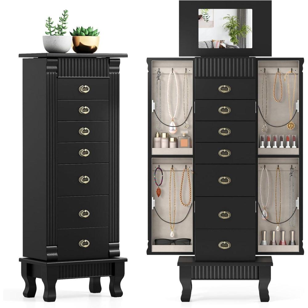 image:imageGiantex Standing Jewelry Cabinet with 7 Drawers FlipTop Mirror 2 Side Doors with 12 Necklace Hooks Divided Ring Compartments VelvetLined Jewelry Armoire Organizer Chest Weathered GrayBlack