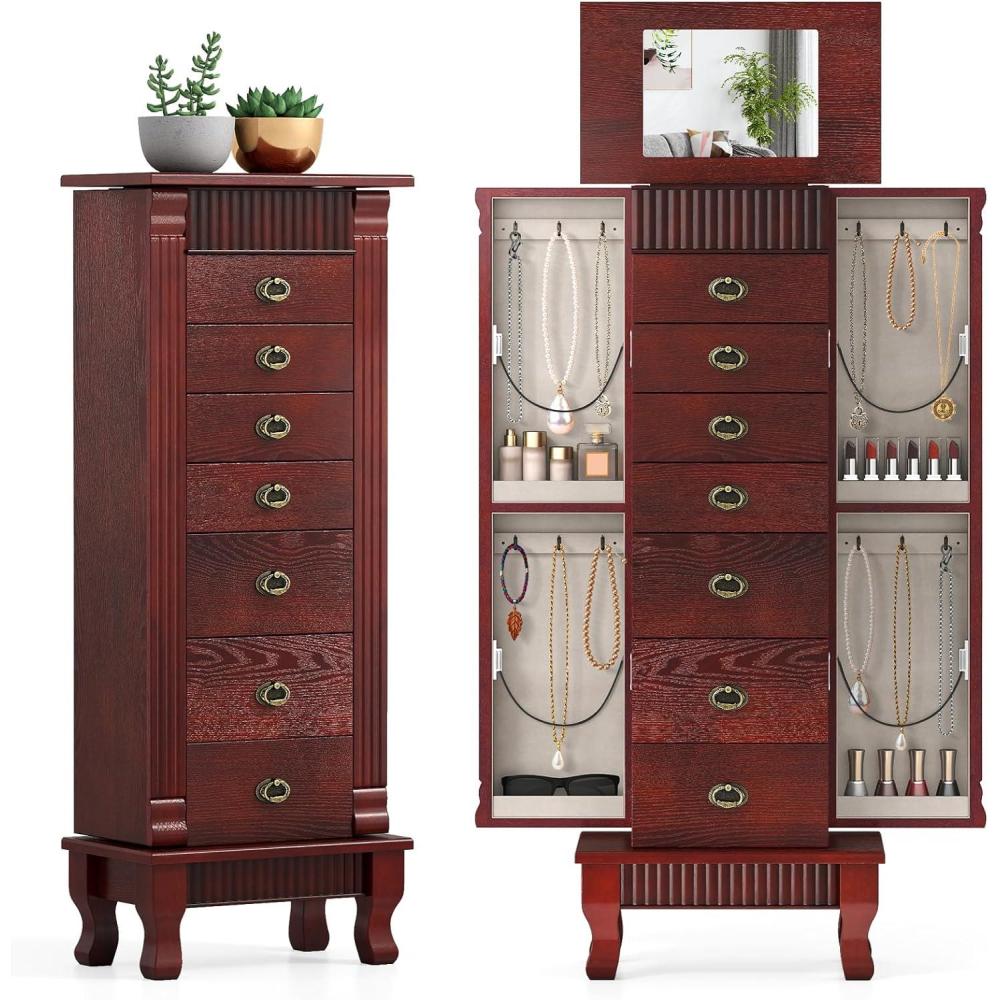image:imageGiantex Standing Jewelry Cabinet with 7 Drawers FlipTop Mirror 2 Side Doors with 12 Necklace Hooks Divided Ring Compartments VelvetLined Jewelry Armoire Organizer Chest Weathered GrayCherry