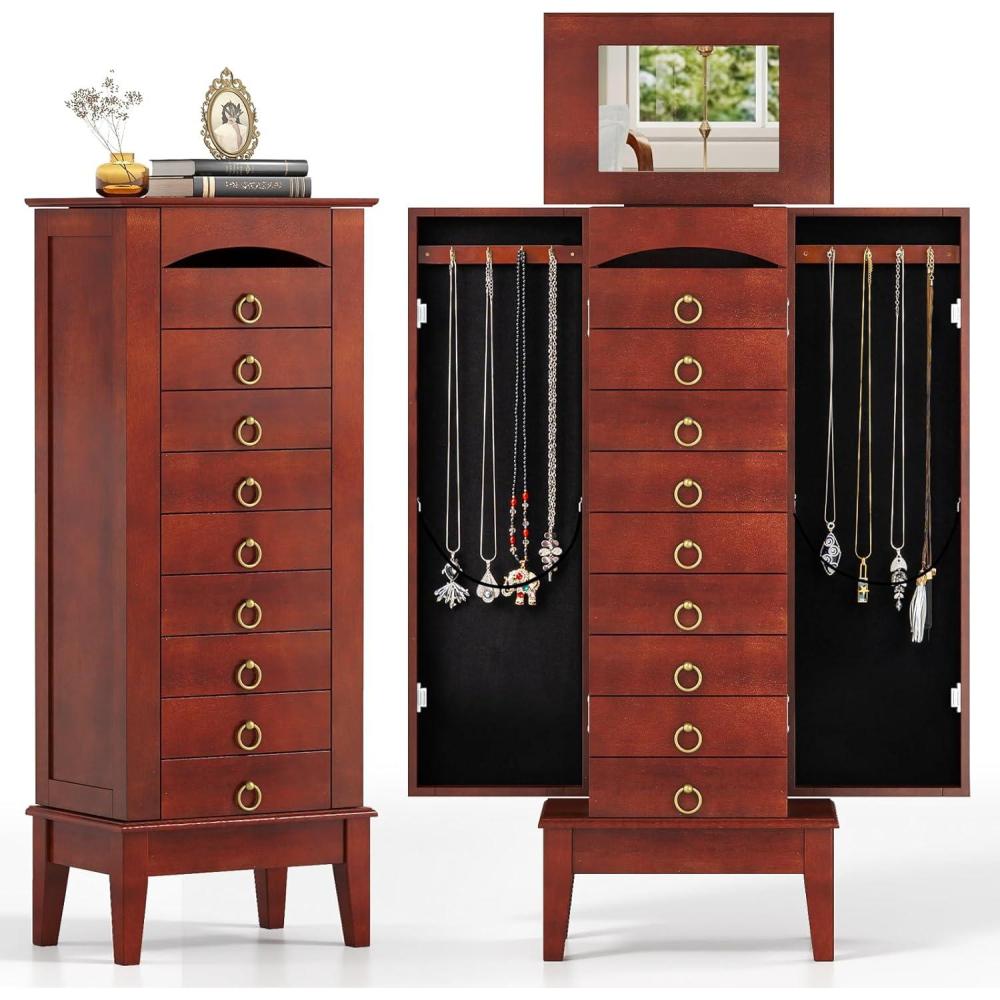 image:imageGiantex Standing Jewelry Cabinet with 9 Drawers Flip Top Mirror 2 Side Doors with Necklace Hooks Top Divided Tray with Ring Slots VelvetLined Jewelry Armoire Organizer Storage Chest Cherry