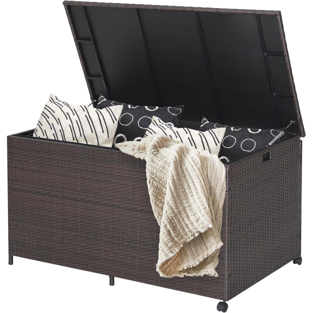 image:imageGiantex Wicker Outdoor Deck Box  133 Gallon Storage Box with Lid Waterproof Liner and Universal Wheels PE Rattan Storage Container for Cushions Gardening Tools Patio Storage Brown
