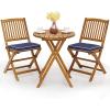 Giantex 3Pcs Patio Bistro Set, Wood Folding Table Set, 2 Cushioned Chairs for Garden Yard, Outdoor Furniture Round Table (Natural & Navy Blue)(Natural & Navy Blue)