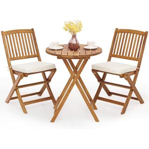 Giantex 3Pcs Patio Bistro Set, Wood Folding Table Set, 2 Cushioned Chairs for Garden Yard, Outdoor Furniture Round Table (Natural & Navy Blue)(Natural & Beige)