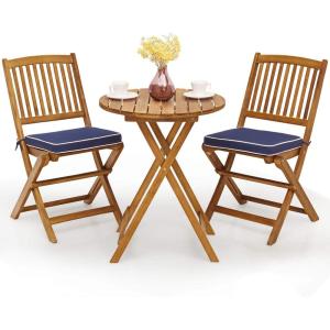 Giantex 3Pcs Patio Bistro Set, Wood Folding Table Set, 2 Cushioned Chairs for Garden Yard, Outdoor Furniture Round Table (Natural & Navy Blue)(Natural & Navy Blue)