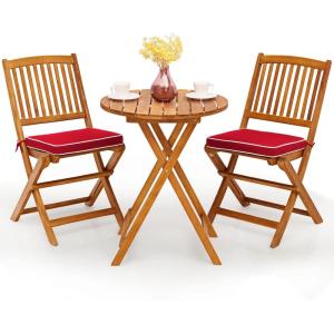 Giantex 3Pcs Patio Bistro Set, Wood Folding Table Set, 2 Cushioned Chairs for Garden Yard, Outdoor Furniture Round Table (Natural & Navy Blue)(Natural & Red)