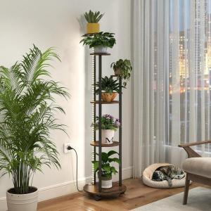 Giantex Plant Stand Indoor with Lights & Wheels, 57” Tall Flower Pot Stand Display Rack for Multiple Plants, 6 Tiered Lighted Corner Plant Shelf Holder for Small Spaces Living Room Balcony Patio, Rustic Brown(Rustic Brown)