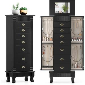 Giantex Standing Jewelry Cabinet with 7 Drawers, Flip-Top Mirror, 2 Side Doors with 12 Necklace Hooks, Divided Ring Compartments, Velvet-Lined Jewelry Armoire Organizer Chest (Weathered Gray)(Black)