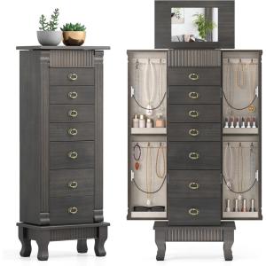 Giantex Standing Jewelry Cabinet with 7 Drawers, Flip-Top Mirror, 2 Side Doors with 12 Necklace Hooks, Divided Ring Compartments, Velvet-Lined Jewelry Armoire Organizer Chest (Weathered Gray)(Weathered Gray)