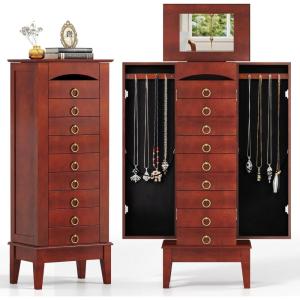 Giantex Standing Jewelry Cabinet with 9 Drawers, Flip Top Mirror, 2 Side Doors with Necklace Hooks, Top Divided Tray with Ring Slots, Velvet-Lined Jewelry Armoire Organizer Storage Chest, Cherry
