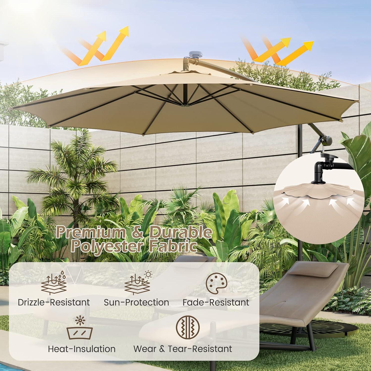 image:imageGiantex 10 ft Offset Patio Umbrella with 112 Solar Meteor Shower Lights Outdoor Cantilever Umbrellas with 8 Ribs Easy Tilt Adjustment Hanging Market Umbrella for Backyard Garden Lawn PoolsideBeige