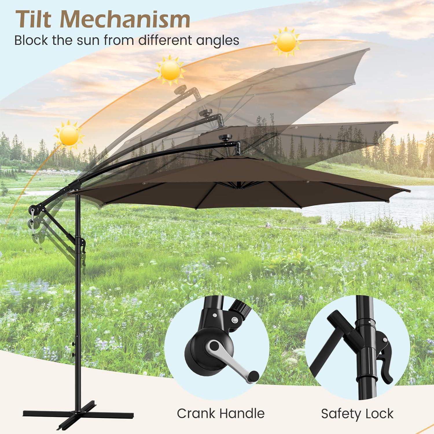 image:imageGiantex 10 ft Offset Patio Umbrella with 112 Solar Meteor Shower Lights Outdoor Cantilever Umbrellas with 8 Ribs Easy Tilt Adjustment Hanging Market Umbrella for Backyard Garden Lawn PoolsideCoffee