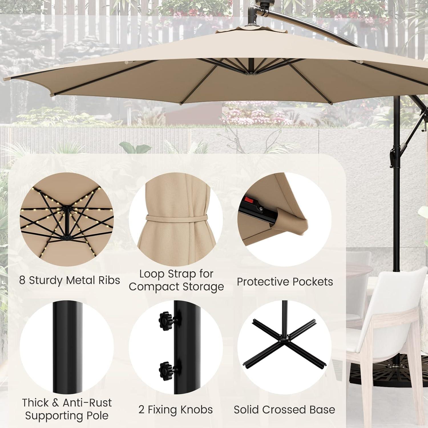 image:imageGiantex 10 ft Offset Patio Umbrella with 112 Solar Meteor Shower Lights Outdoor Cantilever Umbrellas with 8 Ribs Easy Tilt Adjustment Hanging Market Umbrella for Backyard Garden Lawn PoolsideBeige