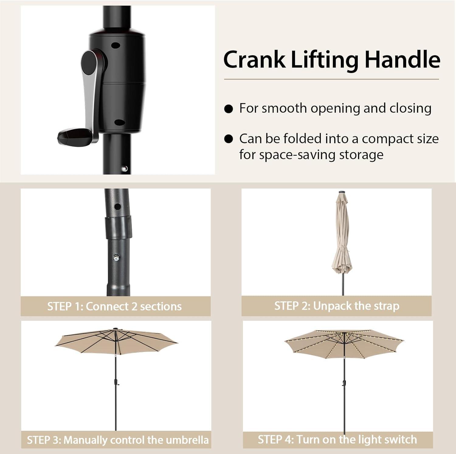 image:imageGiantex 10 ft Patio Umbrella with 112 Solar Meteor Shower Lights Outdoor Table Market Umbrellas with 8 Ribs Tilt Adjustment Crank Handle for Backyard Garden Lawn PoolsideBeige