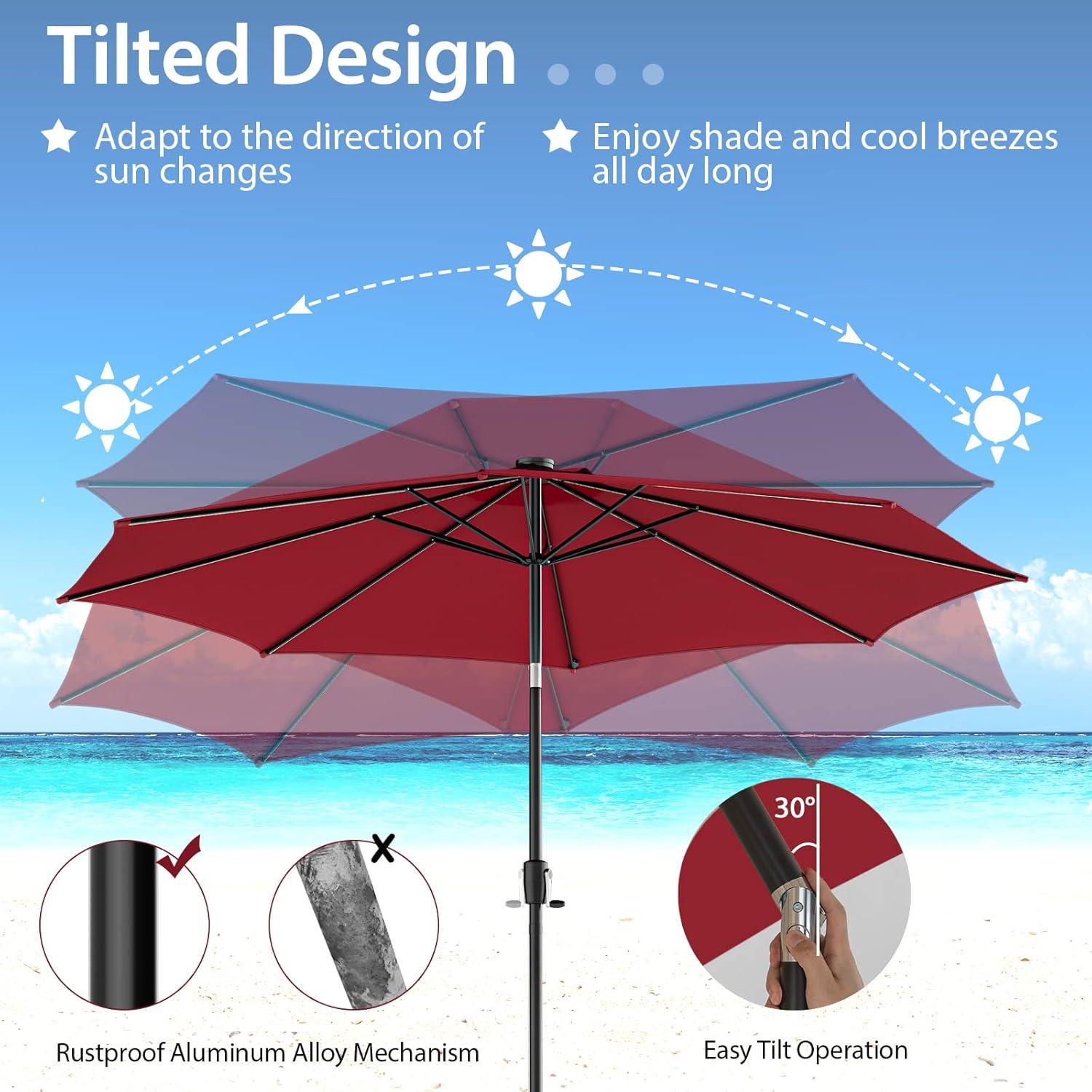 image:imageGiantex 10 ft Patio Umbrella with 112 Solar Meteor Shower Lights Outdoor Table Market Umbrellas with 8 Ribs Tilt Adjustment Crank Handle for Backyard Garden Lawn PoolsideBurgundy