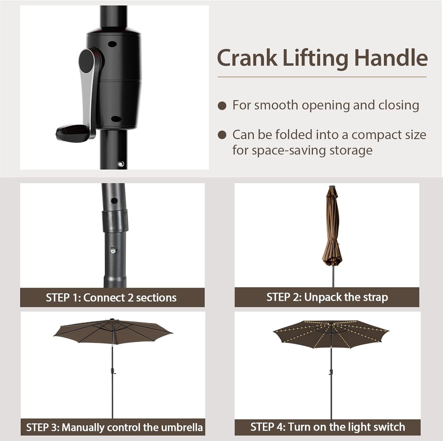 image:imageGiantex 10 ft Patio Umbrella with 112 Solar Meteor Shower Lights Outdoor Table Market Umbrellas with 8 Ribs Tilt Adjustment Crank Handle for Backyard Garden Lawn PoolsideCoffee