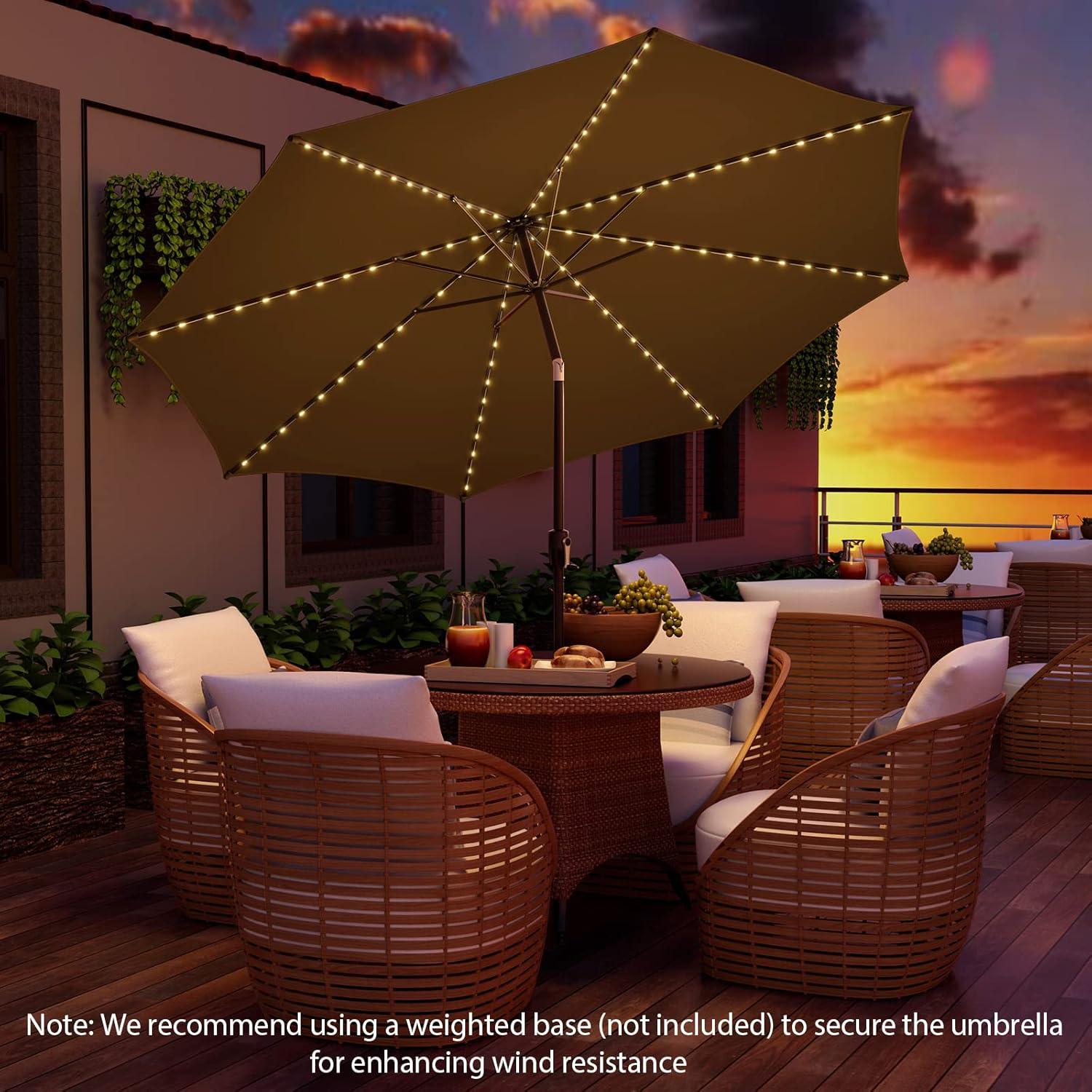 image:imageGiantex 10 ft Patio Umbrella with 112 Solar Meteor Shower Lights Outdoor Table Market Umbrellas with 8 Ribs Tilt Adjustment Crank Handle for Backyard Garden Lawn PoolsideCoffee