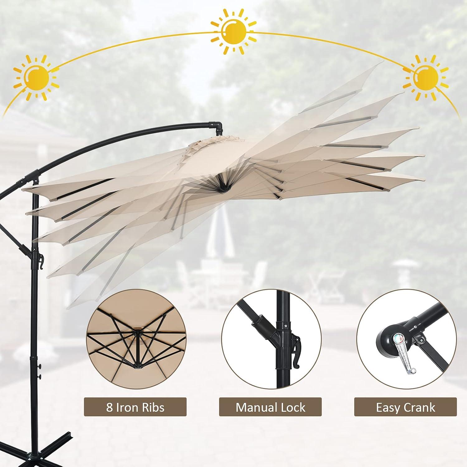 image:imageGiantex 10FT Patio Offset Umbrella 8 Ribs Cantilever Umbrella Outdoor wCrank Cross Base Tilt Adjustment Large Hanging Market Umbrella for Poolside Yard Lawn GardenBeige