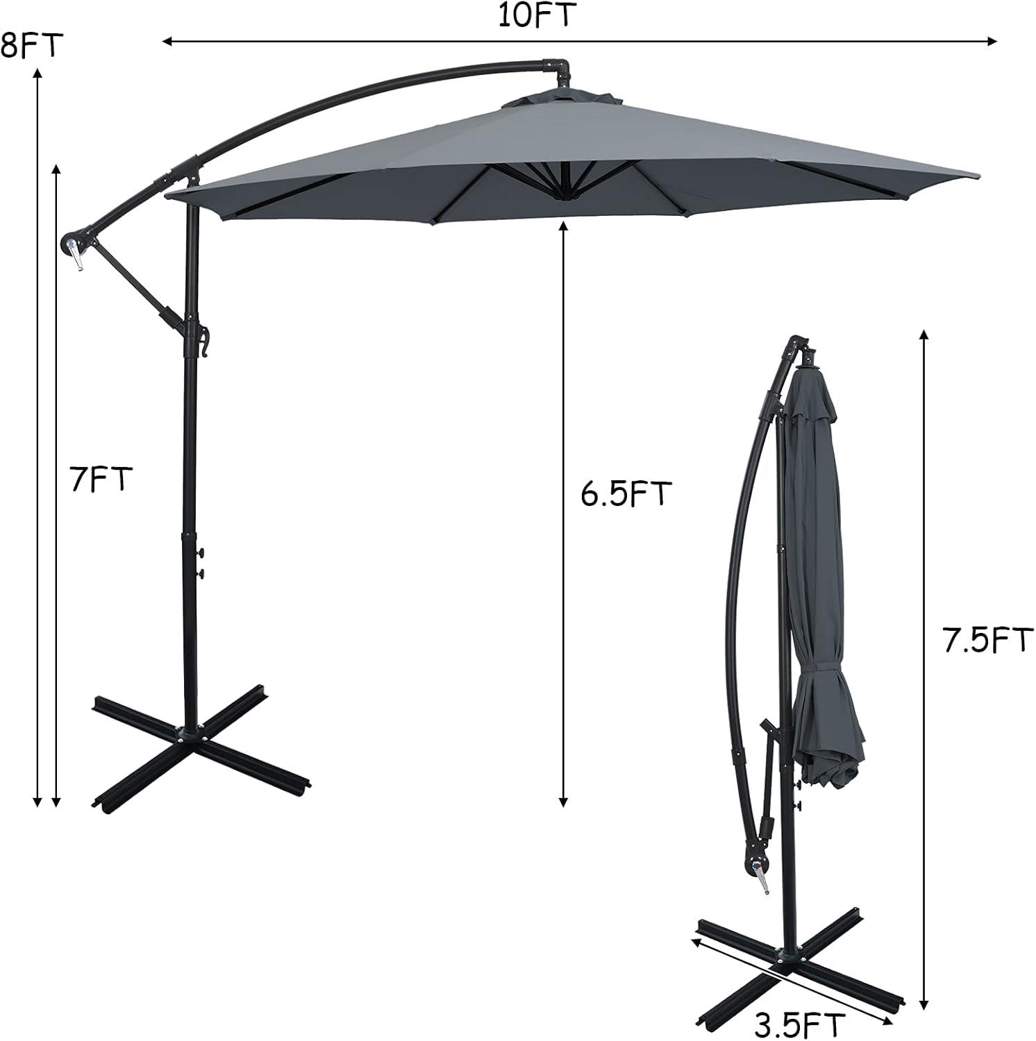 image:imageGiantex 10FT Patio Offset Umbrella 8 Ribs Cantilever Umbrella Outdoor wCrank Cross Base Tilt Adjustment Large Hanging Market Umbrella for Poolside Yard Lawn GardenGray