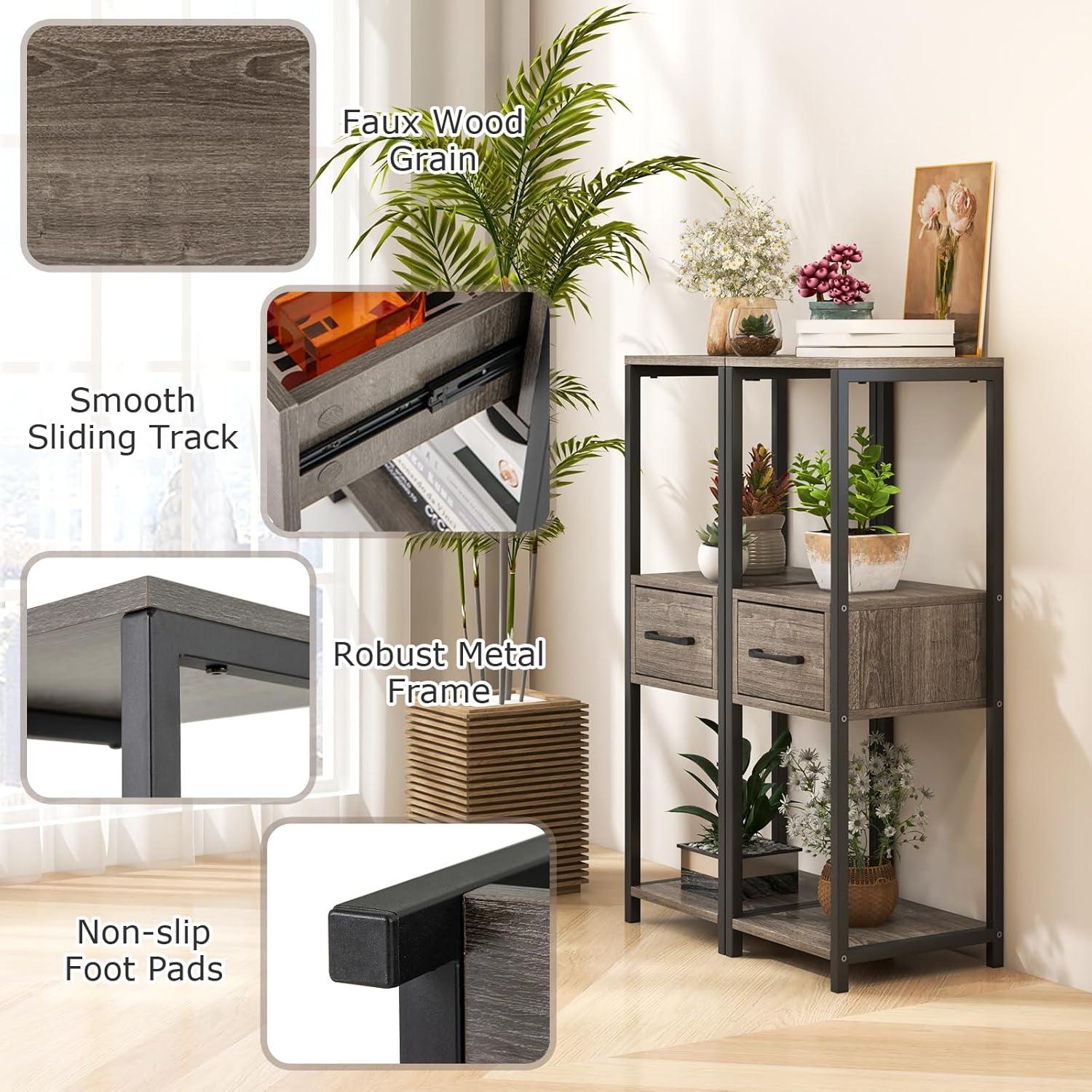 image:imageGiantex 3 Tier Tall Plant Stand Indoor 36 Inch Corner Plant Holder with Drawer amp Metal Frame Modern Plant Shelf for Multiple Flower Pots Square Plant Tables for Balcony Living room 1 PackGreymiddle Drawer