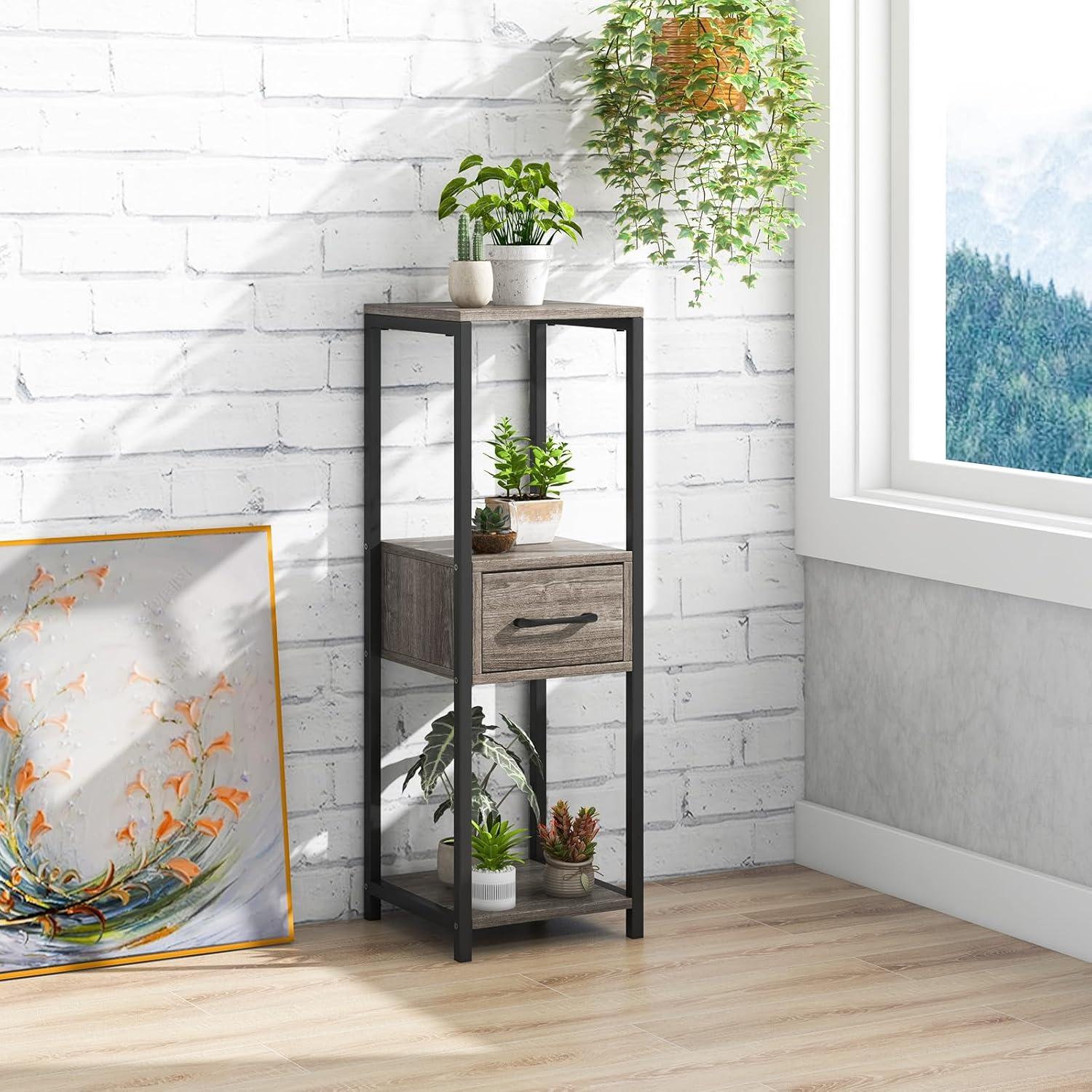 image:imageGiantex 3 Tier Tall Plant Stand Indoor 36 Inch Corner Plant Holder with Drawer amp Metal Frame Modern Plant Shelf for Multiple Flower Pots Square Plant Tables for Balcony Living room 1 PackGreymiddle Drawer