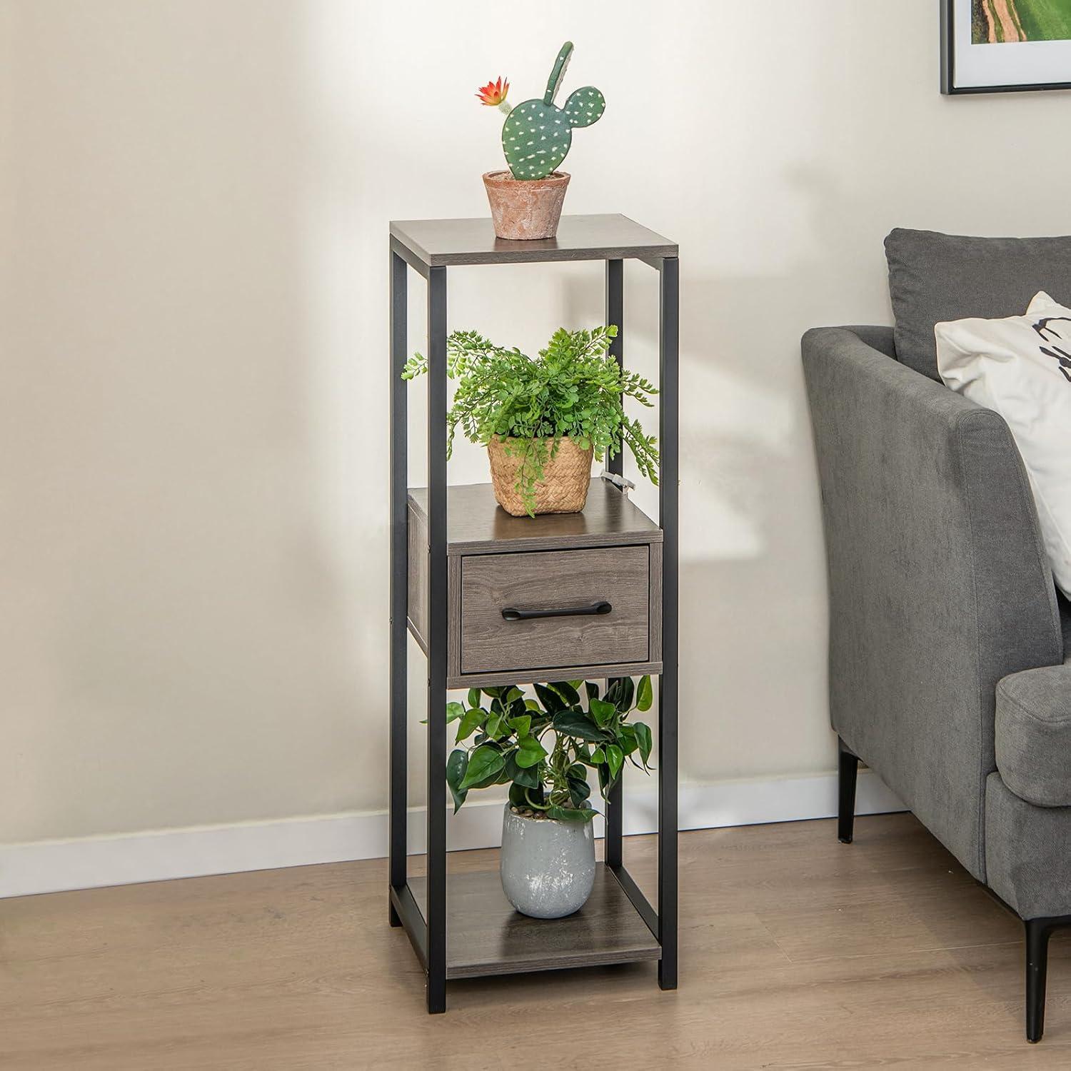 image:imageGiantex 3 Tier Tall Plant Stand Indoor 36 Inch Corner Plant Holder with Drawer amp Metal Frame Modern Plant Shelf for Multiple Flower Pots Square Plant Tables for Balcony Living room 1 PackGreymiddle Drawer
