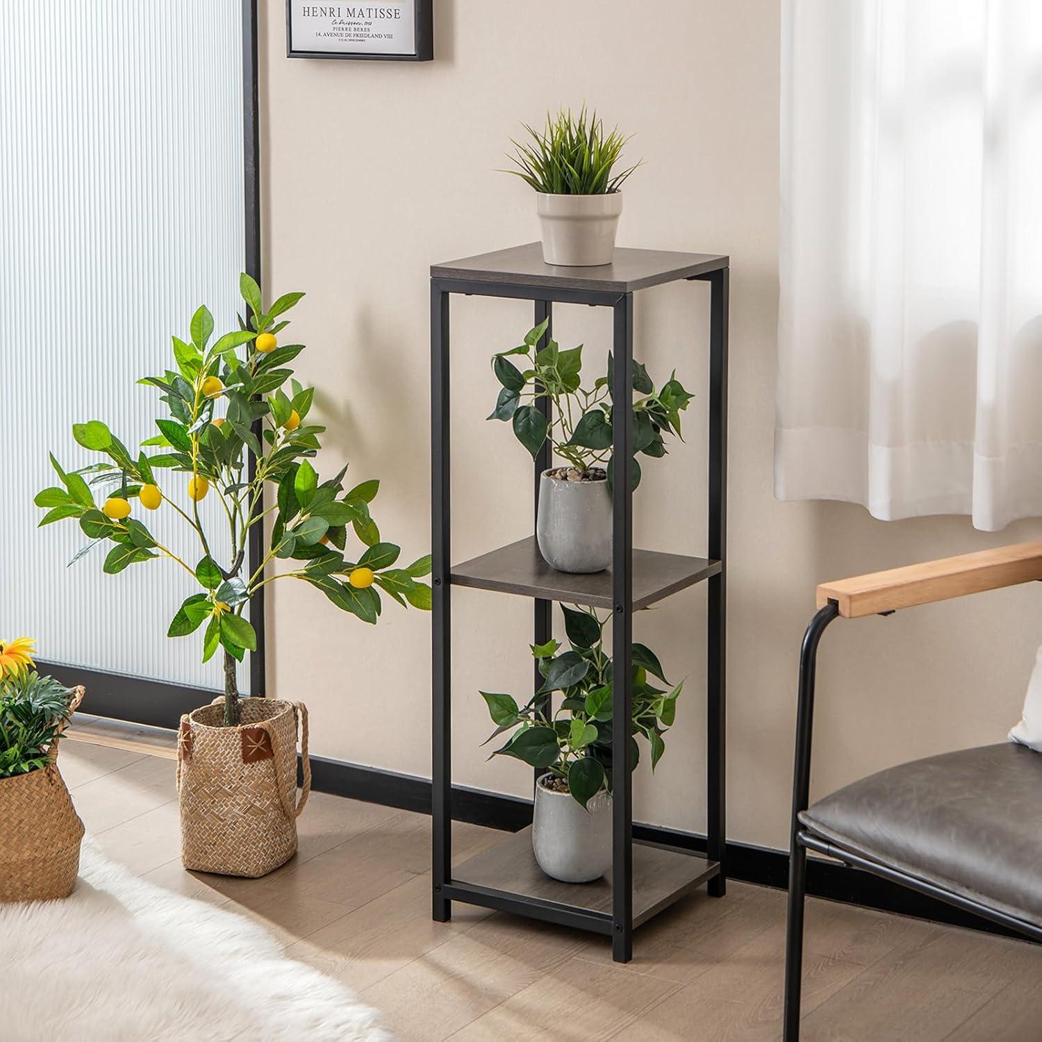image:imageGiantex 3 Tier Tall Plant Stand Indoor 36 Inch Corner Plant Holder with Drawer amp Metal Frame Modern Plant Shelf for Multiple Flower Pots Square Plant Tables for Balcony Living room 1 PackGreyOpen Shelf