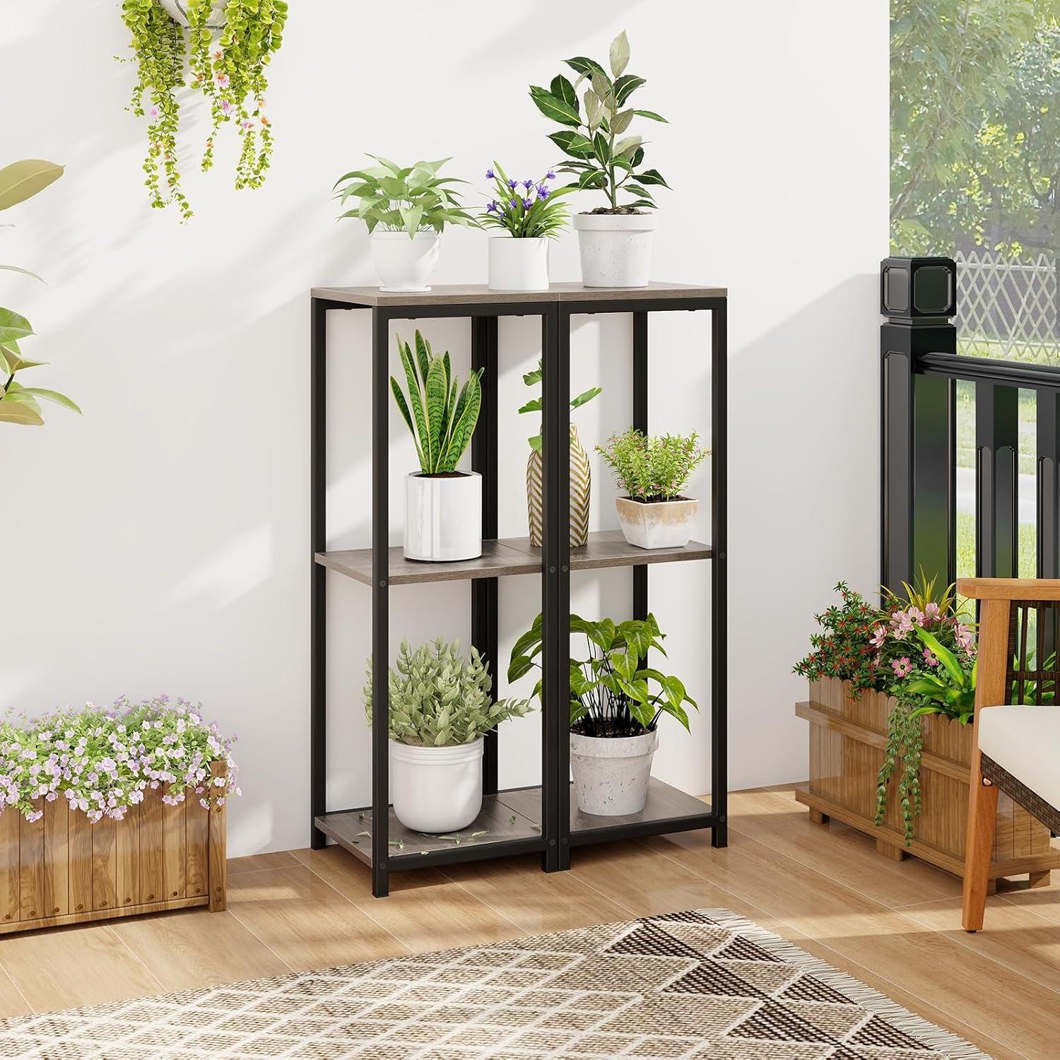 image:imageGiantex 3 Tier Tall Plant Stand Indoor 36 Inch Corner Plant Holder with Drawer amp Metal Frame Modern Plant Shelf for Multiple Flower Pots Square Plant Tables for Balcony Living room 1 PackGreyOpen Shelf