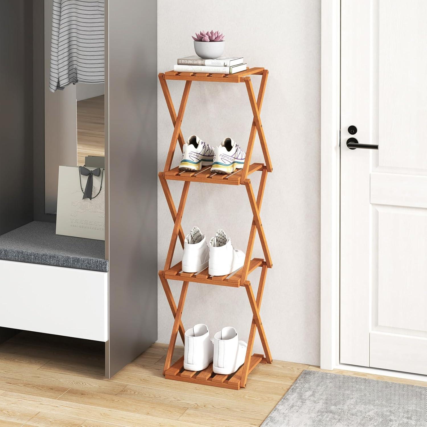 image:imageGiantex 4Tier Foldable Plant Stand Wooden Folding Display Rack with Sturdy Xshaped Structure Corner Plant Shelf for Yard Garden Patio Balcony Bedroom No Assembly Required