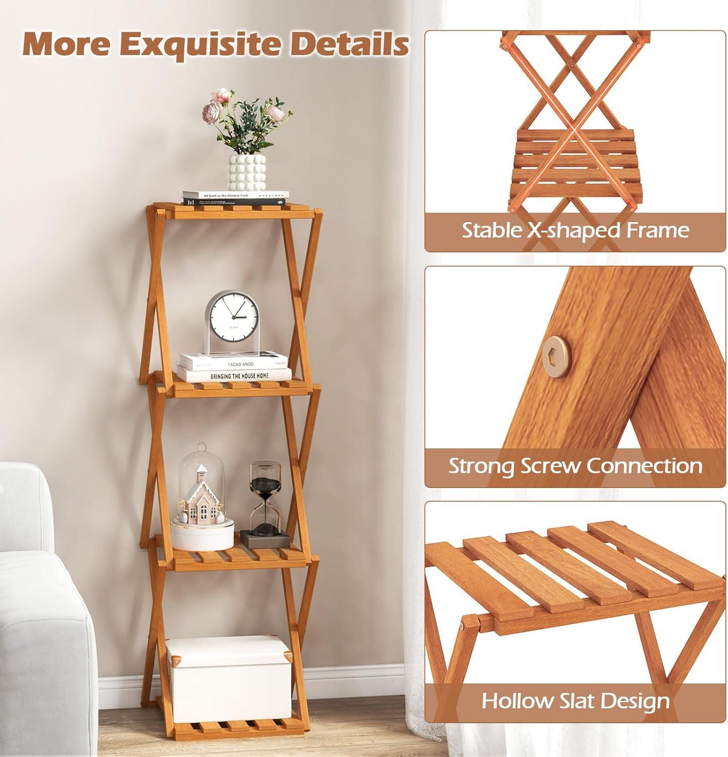 image:imageGiantex 4Tier Foldable Plant Stand Wooden Folding Display Rack with Sturdy Xshaped Structure Corner Plant Shelf for Yard Garden Patio Balcony Bedroom No Assembly Required