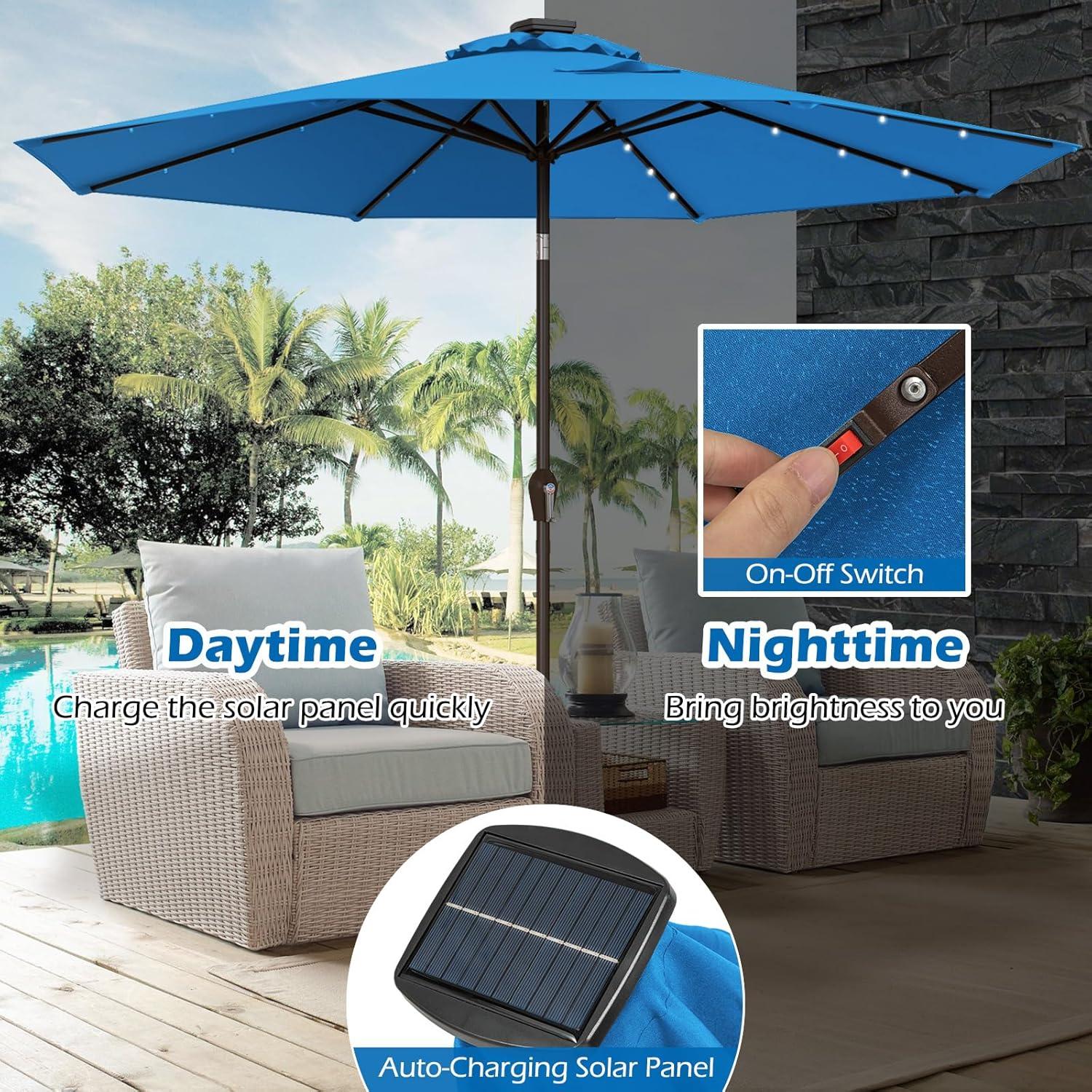 image:imageGiantex 9ft10ft Outdoor Patio umbrella with Solar Lights Table Market Umbrella with Crank and Pushbutton Tilt System Solar LED Lighted Patio Umbrella for Backyard Deck Pool BeachBlue